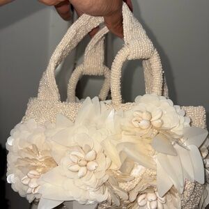Elegant Cream Beaded Handbag with Floral Accents